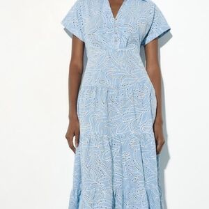 Zara Light Blue Eyelet Midi Dress